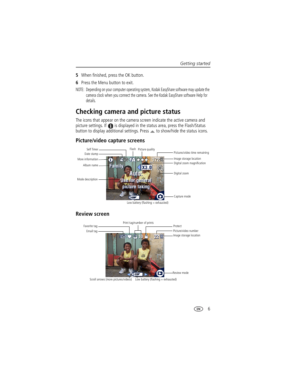 Checking camera and picture status, Picture/video capture screens, Review screen | Picture/video capture screens review screen | Kodak CX7300 User Manual | Page 13 / 55