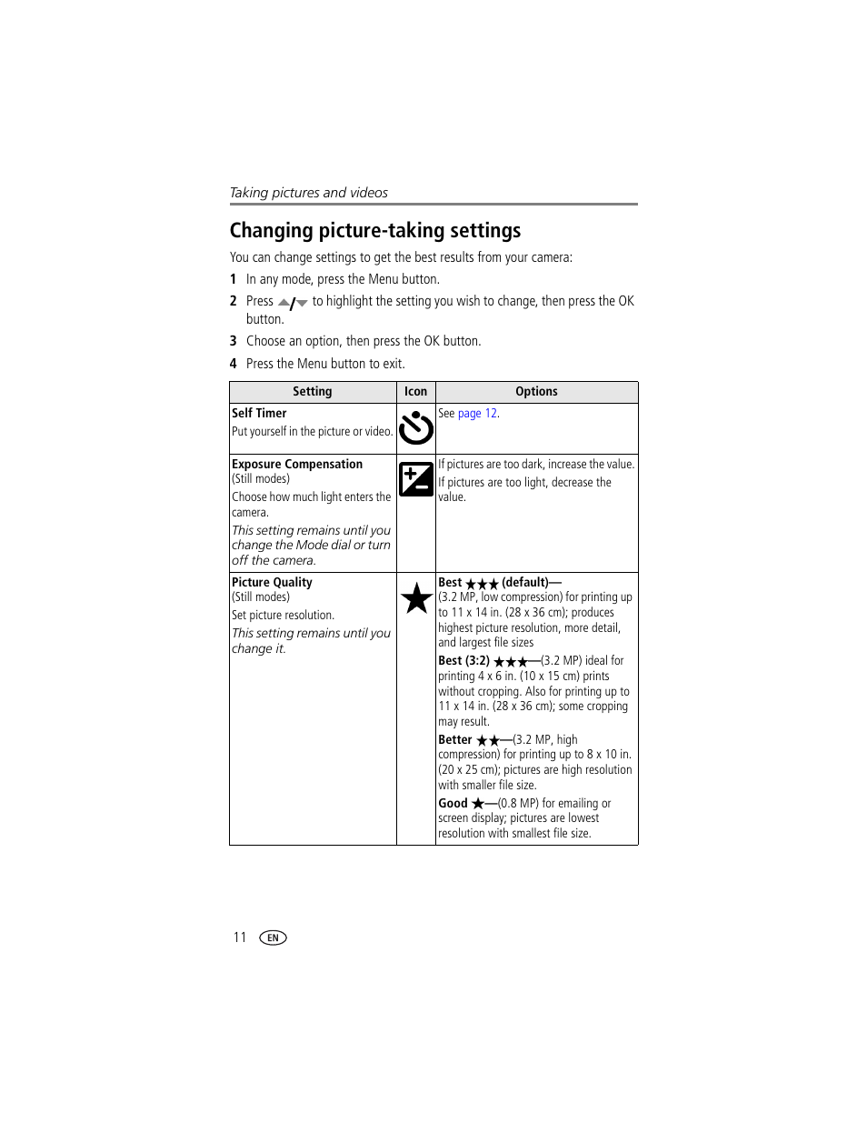 Changing picture-taking settings | Kodak CX7300 User Manual | Page 18 / 55