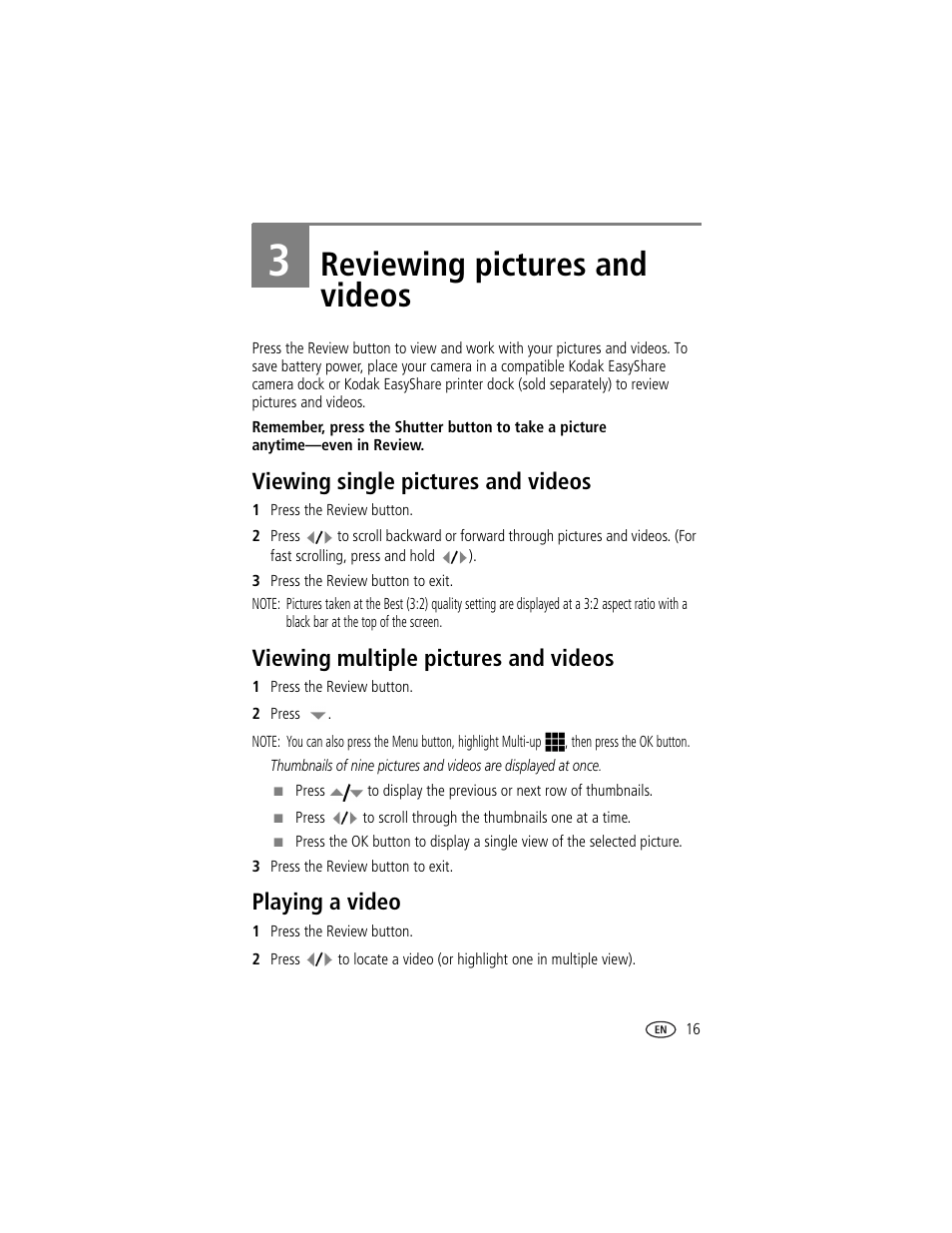 3 reviewing pictures and videos, Viewing single pictures and videos, Viewing multiple pictures and videos | Playing a video, Reviewing pictures and videos | Kodak CX7300 User Manual | Page 23 / 55