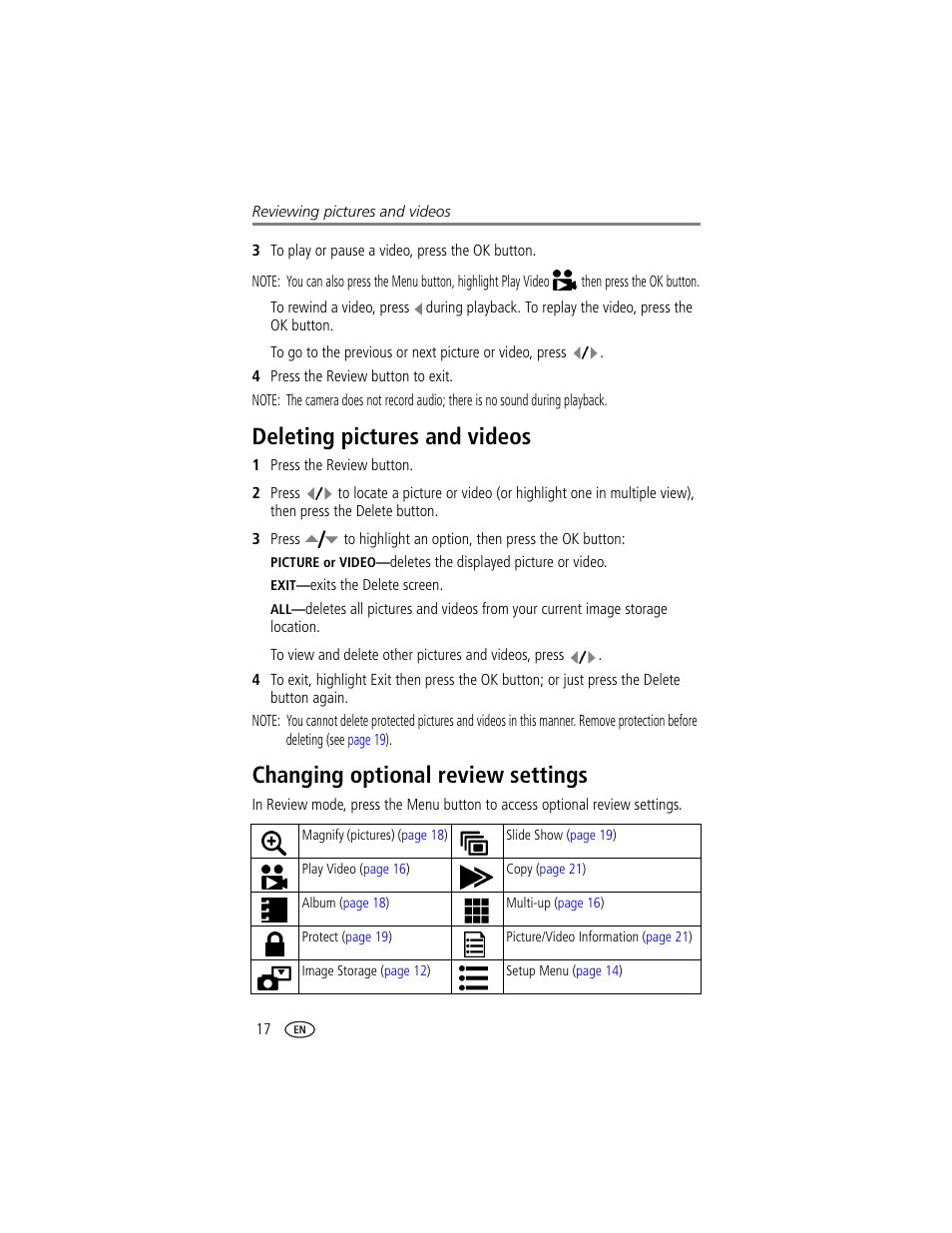 Deleting pictures and videos, Changing optional review settings | Kodak CX7300 User Manual | Page 24 / 55