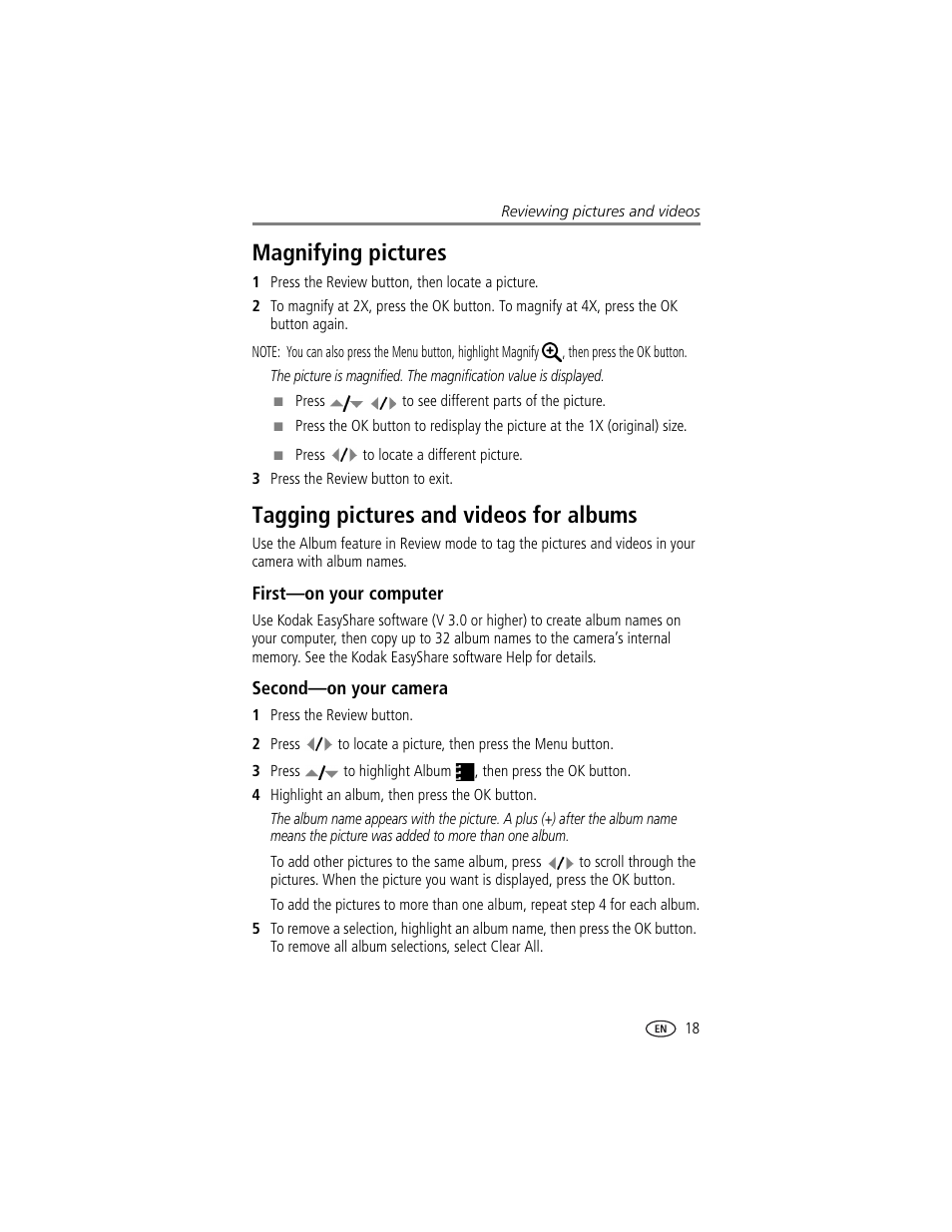 Magnifying pictures, Tagging pictures and videos for albums, First-on your computer | Second-on your camera | Kodak CX7300 User Manual | Page 25 / 55
