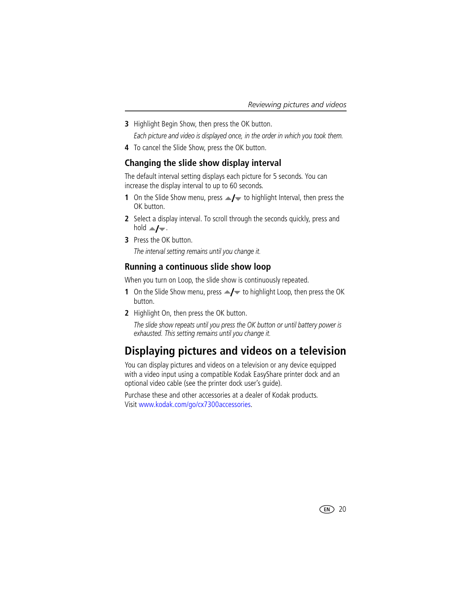 Changing the slide show display interval, Running a continuous slide show loop, Displaying pictures and videos on a television | Kodak CX7300 User Manual | Page 27 / 55