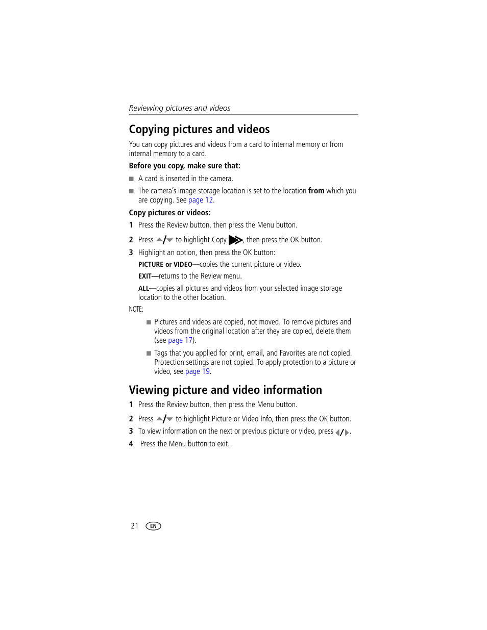 Copying pictures and videos, Viewing picture and video information | Kodak CX7300 User Manual | Page 28 / 55