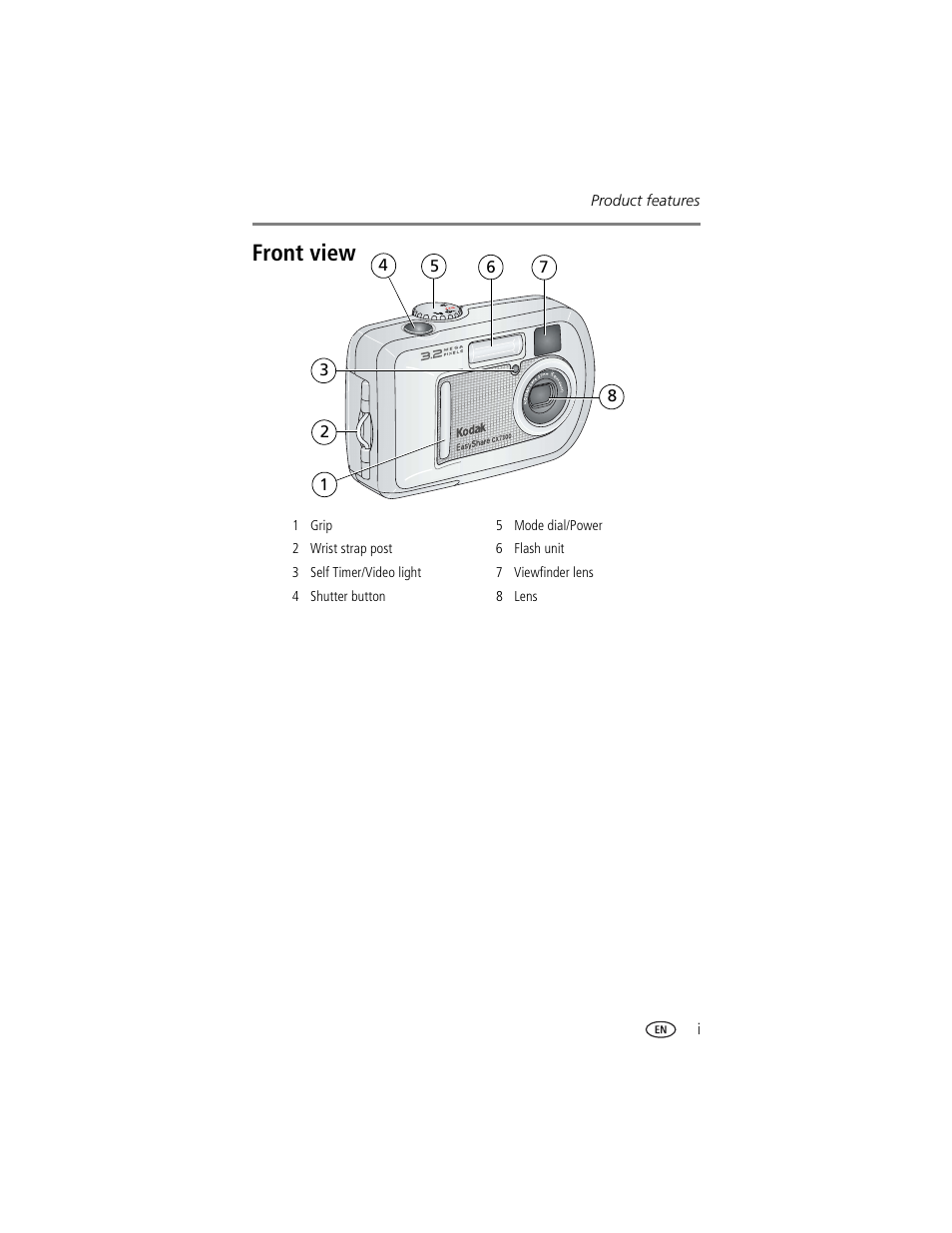 Product features, Front view | Kodak CX7300 User Manual | Page 3 / 55
