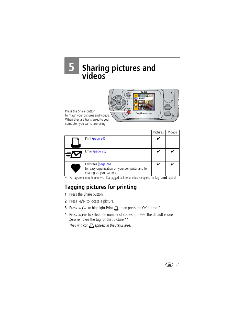 5 sharing pictures and videos, Tagging pictures for printing, Sharing pictures and videos | Kodak CX7300 User Manual | Page 31 / 55
