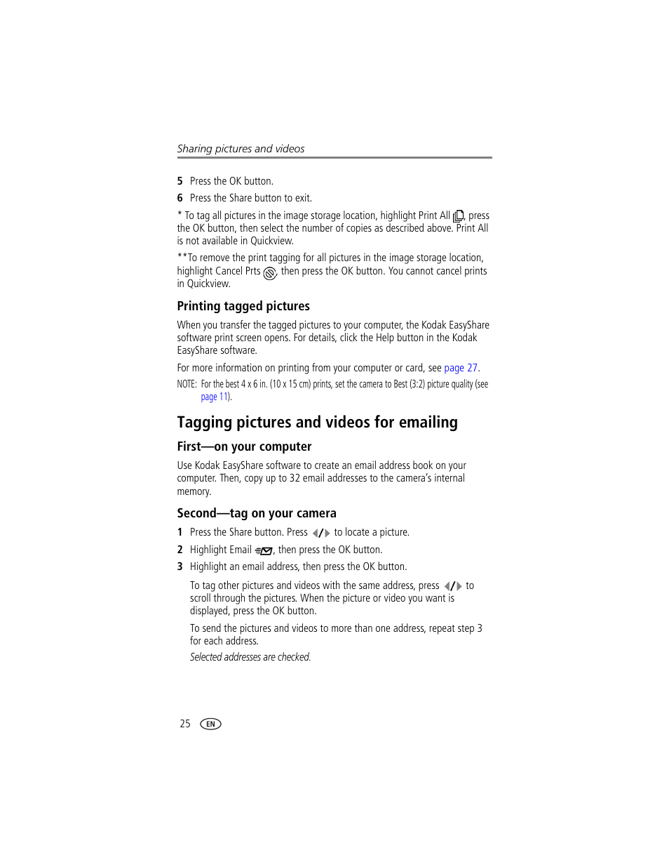 Printing tagged pictures, Tagging pictures and videos for emailing, First-on your computer | Second-tag on your camera, Email | Kodak CX7300 User Manual | Page 32 / 55