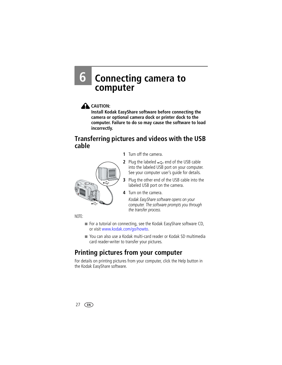 6 connecting camera to computer, Printing pictures from your computer, Connecting camera to computer | Kodak CX7300 User Manual | Page 34 / 55