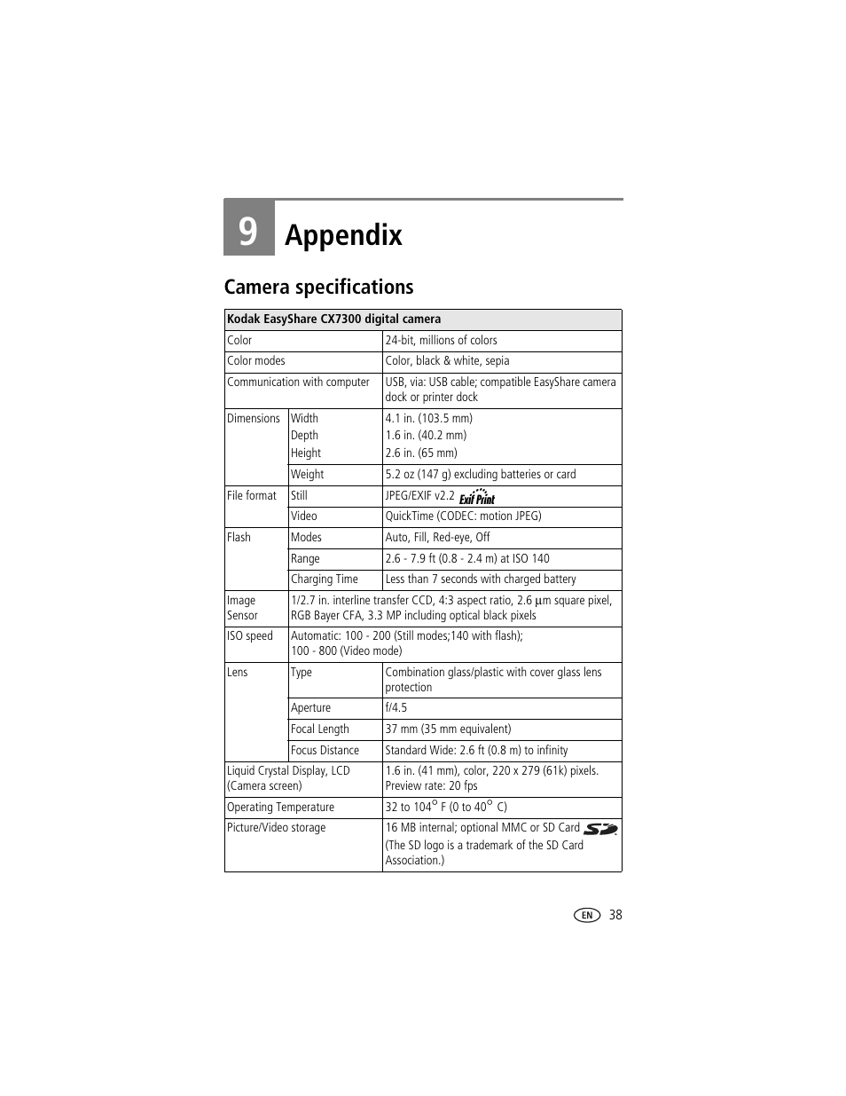 9 appendix, Camera specifications, Appendix | Kodak CX7300 User Manual | Page 45 / 55