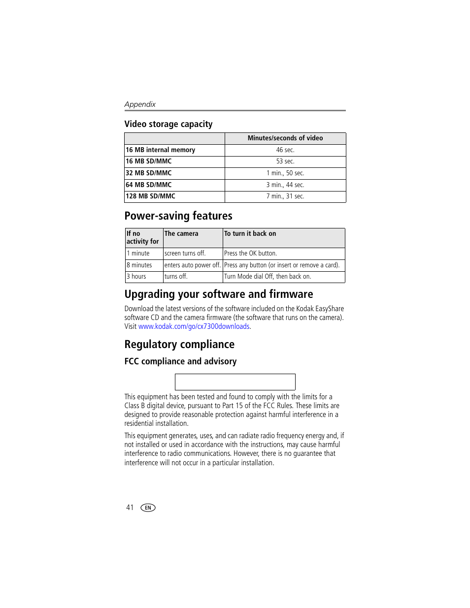 Video storage capacity, Power-saving features, Upgrading your software and firmware | Regulatory compliance, Fcc compliance and advisory | Kodak CX7300 User Manual | Page 48 / 55