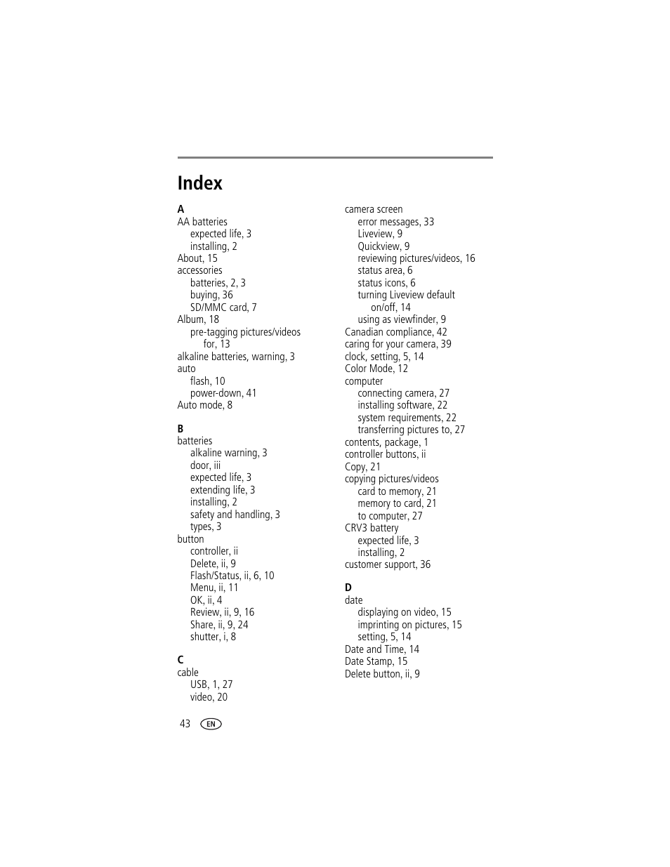 Index | Kodak CX7300 User Manual | Page 50 / 55