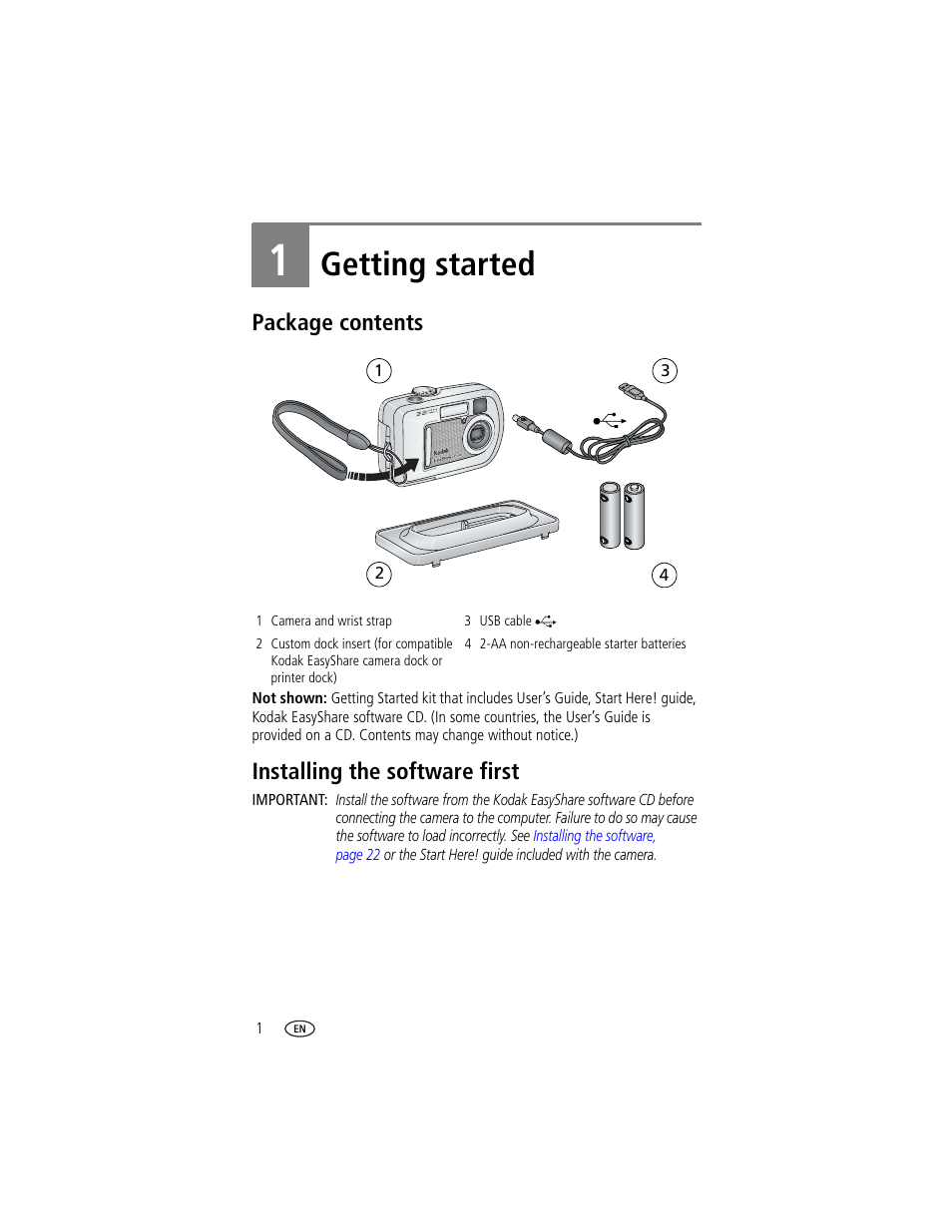 1 getting started, Package contents, Installing the software first | Package contents installing the software first, Getting started | Kodak CX7300 User Manual | Page 8 / 55