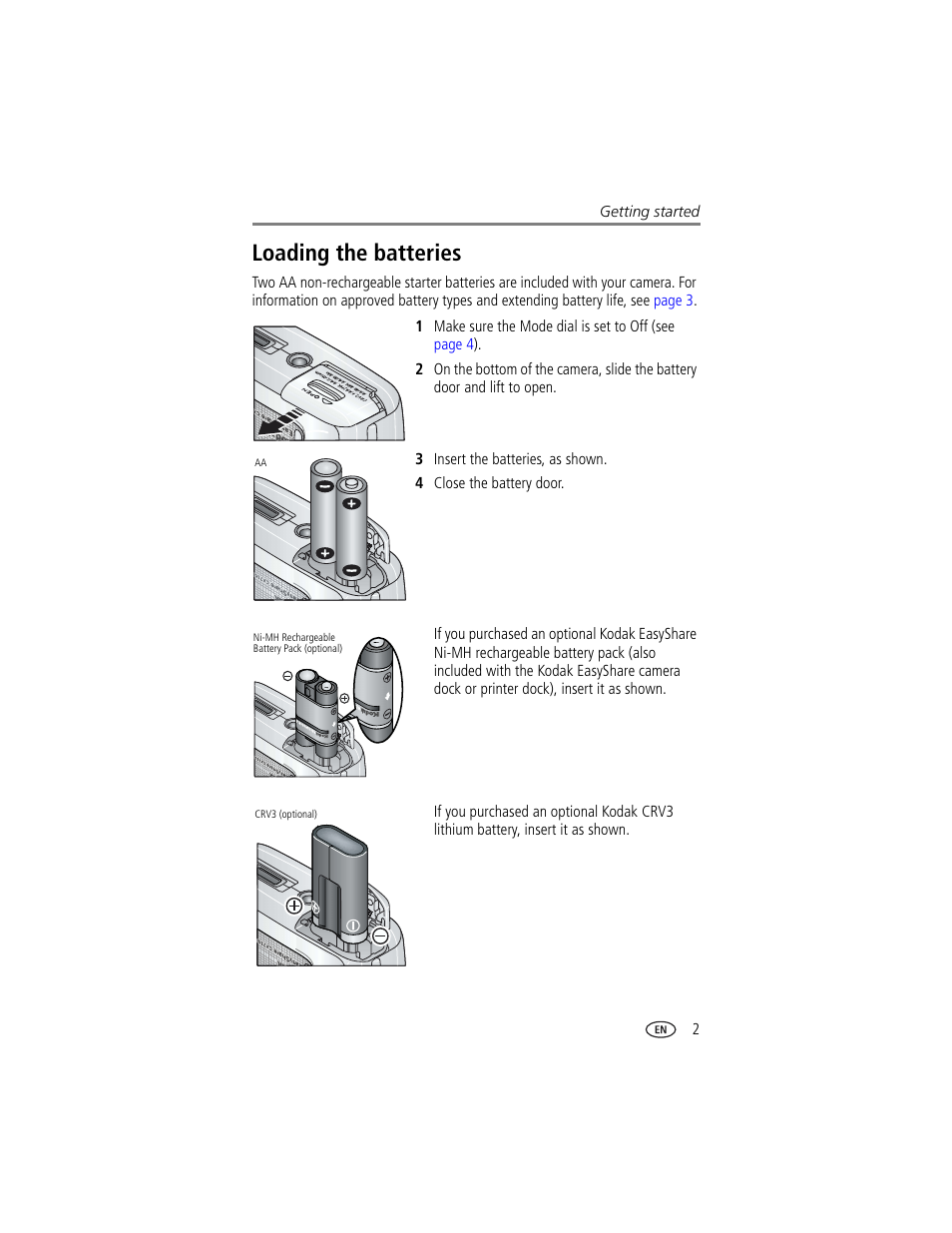 Loading the batteries | Kodak CX7300 User Manual | Page 9 / 55