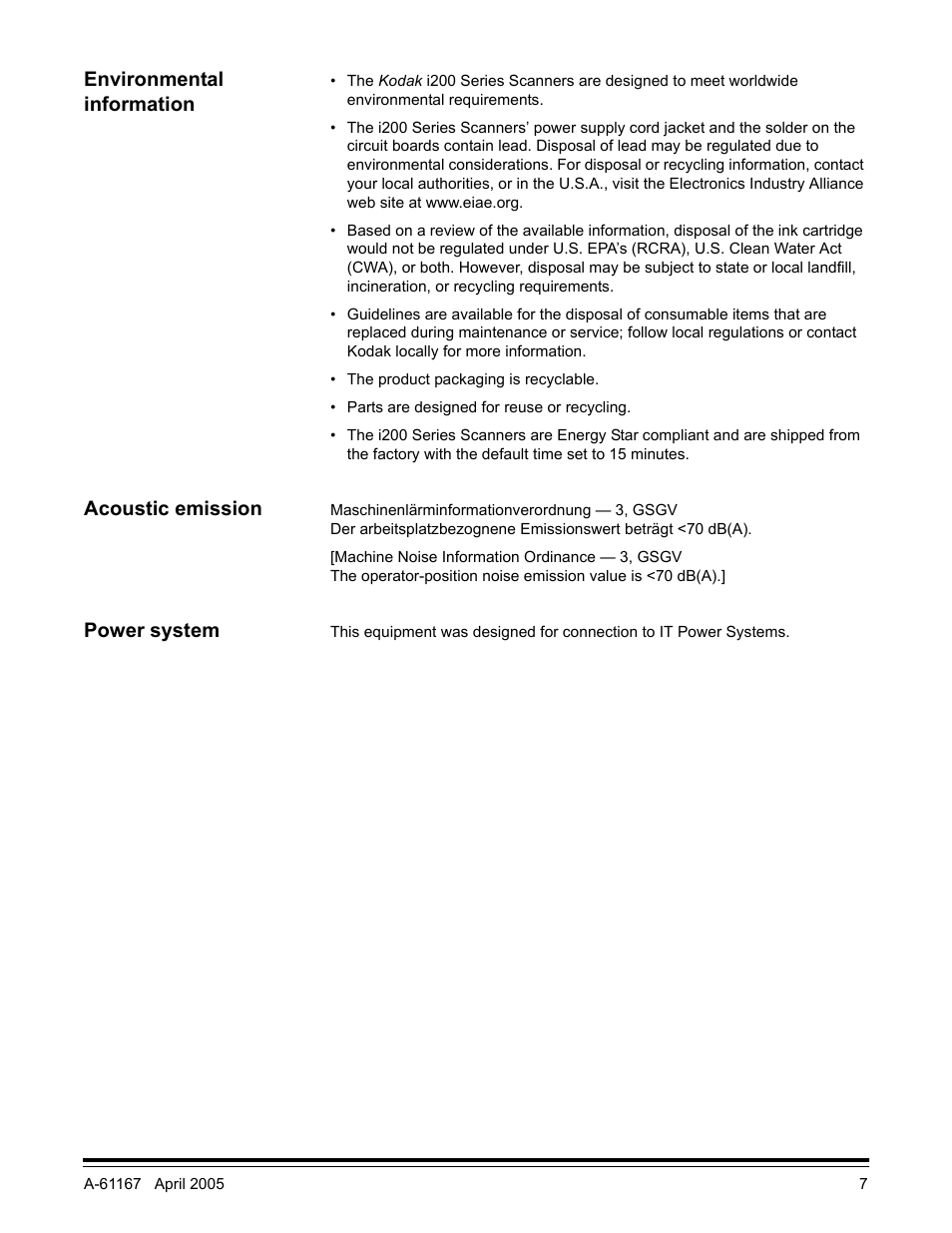 Environmental information, Acoustic emission, Power system | Kodak A-61167 User Manual | Page 11 / 70