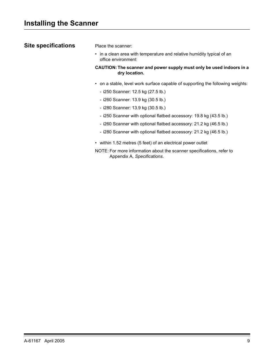 Installing the scanner, Site specifications | Kodak A-61167 User Manual | Page 13 / 70