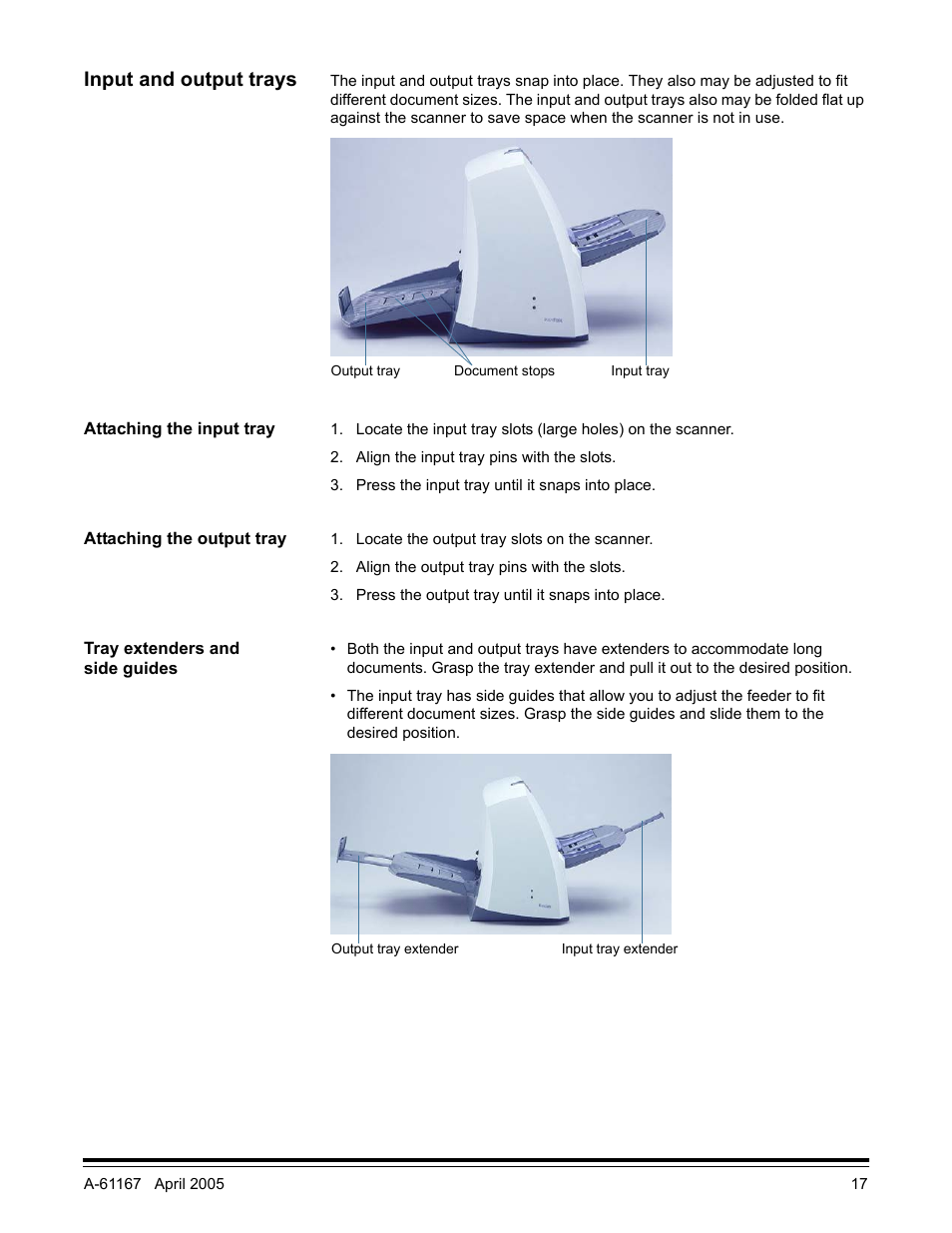 Input and output trays, Attaching the input tray, Attaching the output tray | Tray extenders and side guides | Kodak A-61167 User Manual | Page 21 / 70