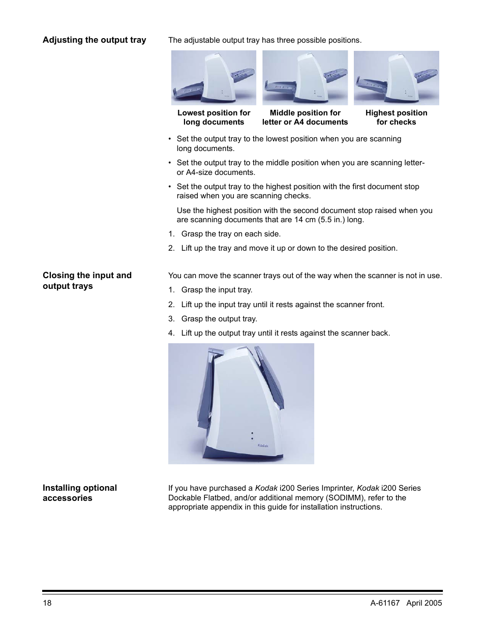 Adjusting the output tray, Closing the input and output trays | Kodak A-61167 User Manual | Page 22 / 70