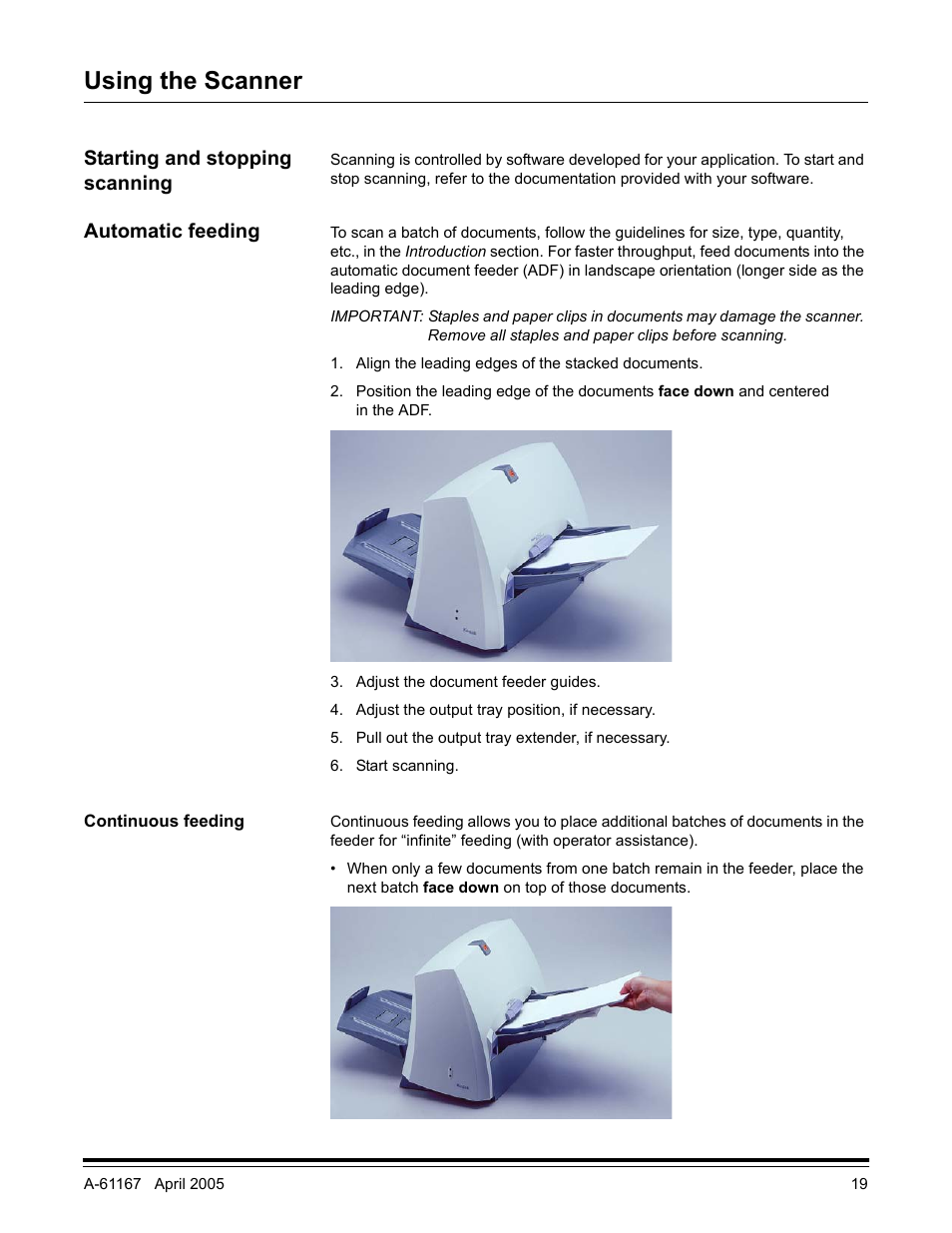 Using the scanner, Starting and stopping scanning, Automatic feeding | Continuous feeding | Kodak A-61167 User Manual | Page 23 / 70