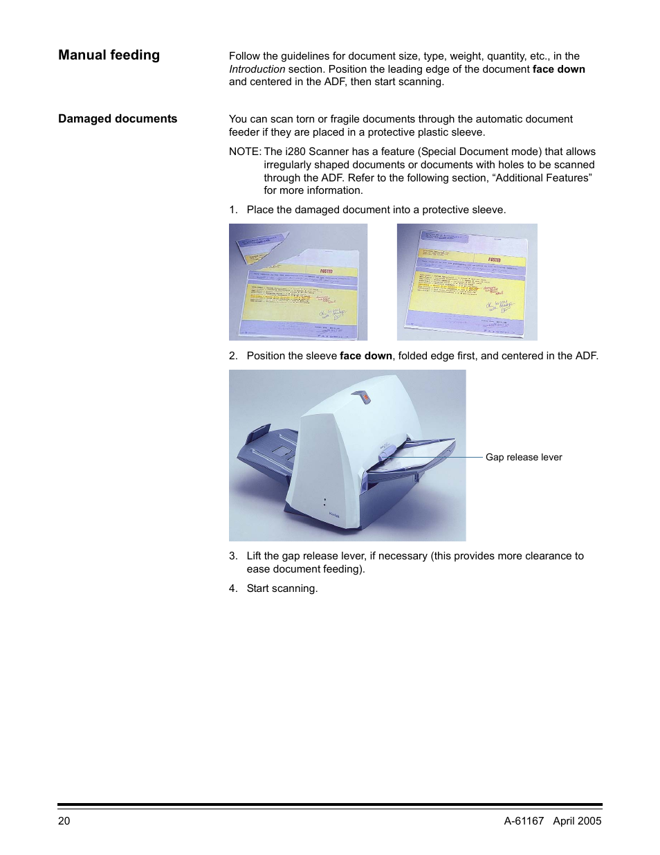 Manual feeding, Damaged documents | Kodak A-61167 User Manual | Page 24 / 70