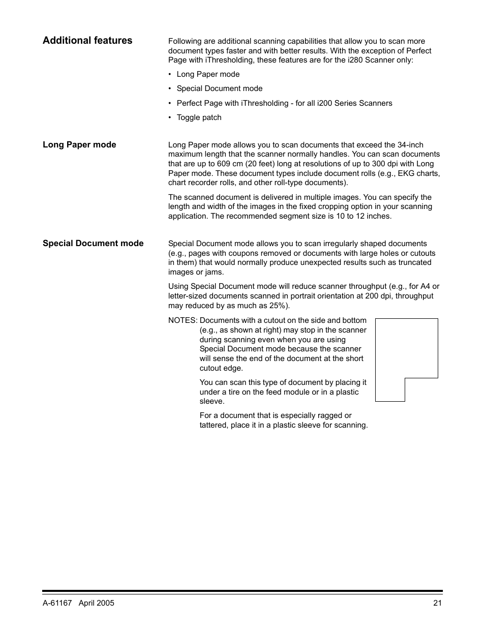 Additional features, Long paper mode, Special document mode | Kodak A-61167 User Manual | Page 25 / 70