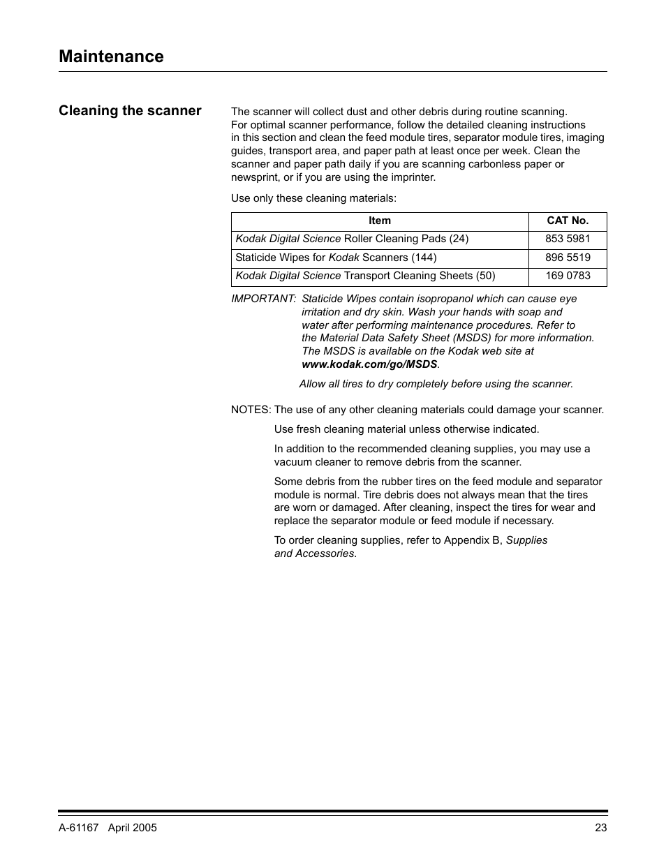 Maintenance, Cleaning the scanner | Kodak A-61167 User Manual | Page 27 / 70