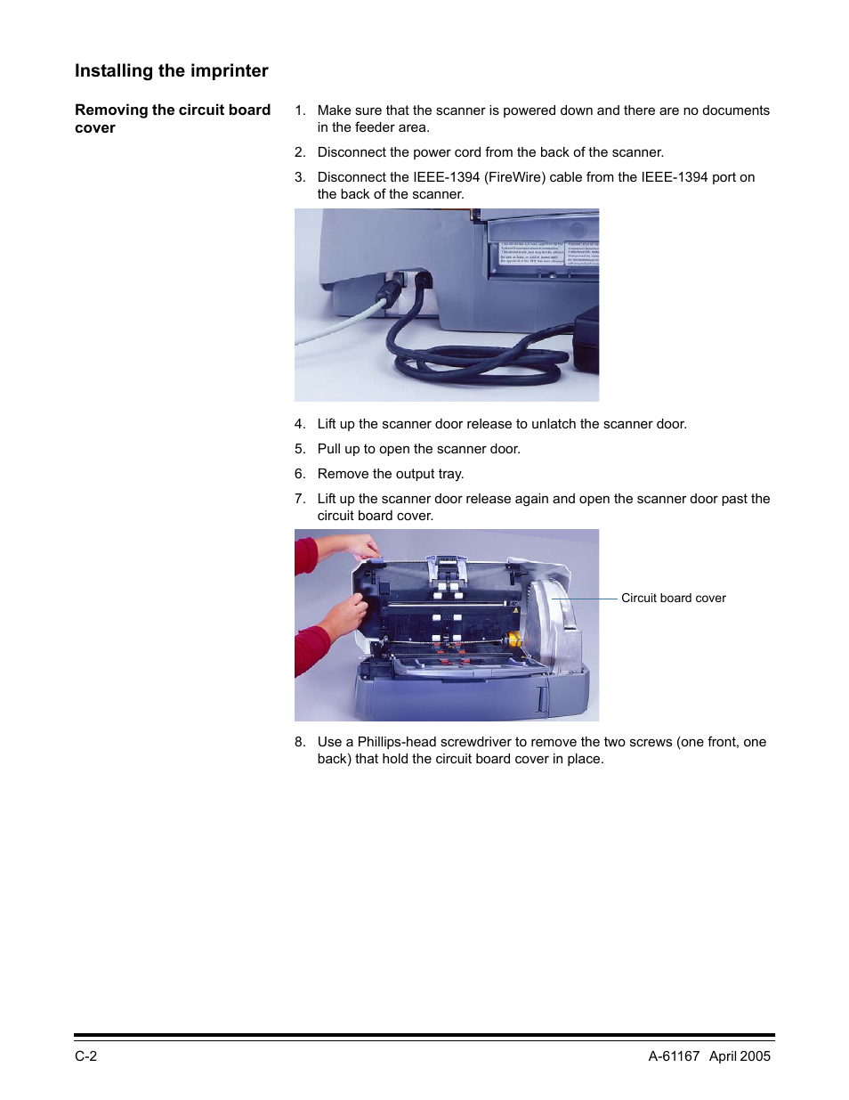 Installing the imprinter, Removing the circuit board cover | Kodak A-61167 User Manual | Page 44 / 70