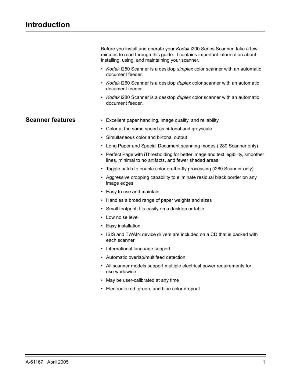 Introduction, Scanner features | Kodak A-61167 User Manual | Page 5 / 70