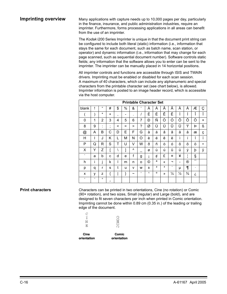 Imprinting overview, Print characters | Kodak A-61167 User Manual | Page 58 / 70