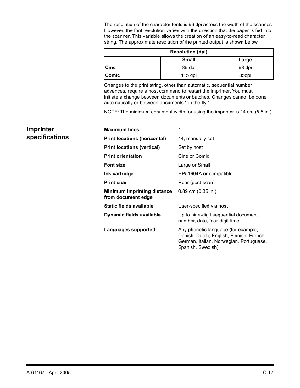 Imprinter specifications | Kodak A-61167 User Manual | Page 59 / 70