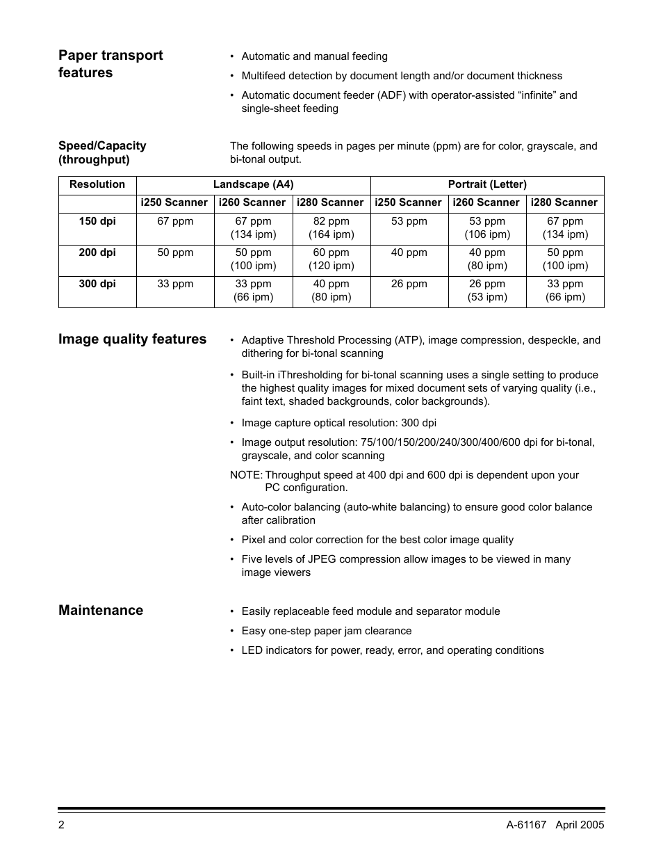 Paper transport features, Speed/capacity (throughput), Image quality features | Maintenance | Kodak A-61167 User Manual | Page 6 / 70