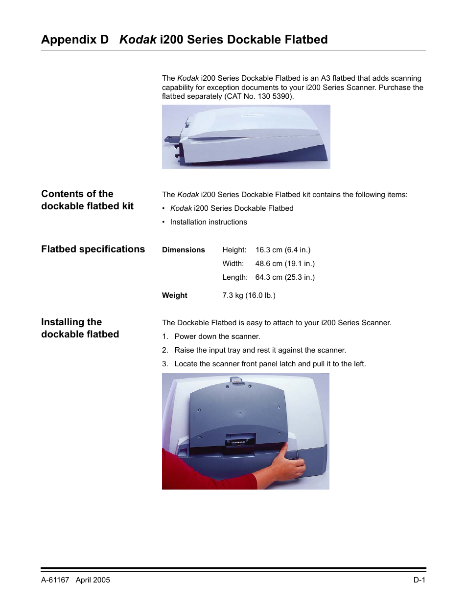 Appendix d kodak i200 series dockable flatbed, Contents of the dockable flatbed kit, Flatbed specifications | Installing the dockable flatbed | Kodak A-61167 User Manual | Page 60 / 70