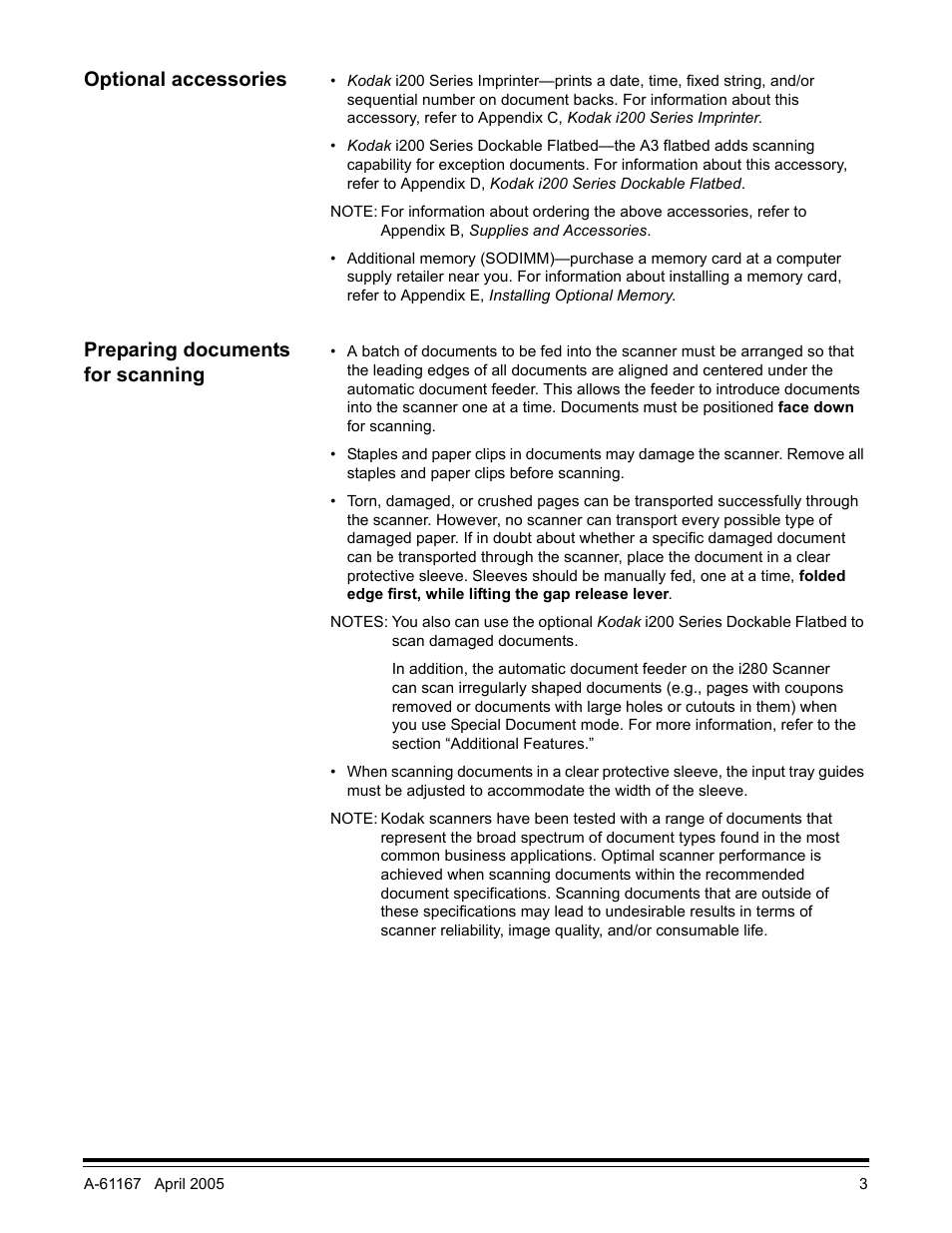 Optional accessories, Preparing documents for scanning | Kodak A-61167 User Manual | Page 7 / 70