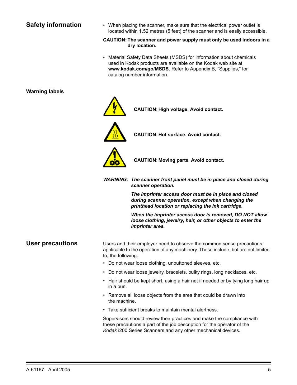 Safety information, Warning labels, User precautions | Kodak A-61167 User Manual | Page 9 / 70