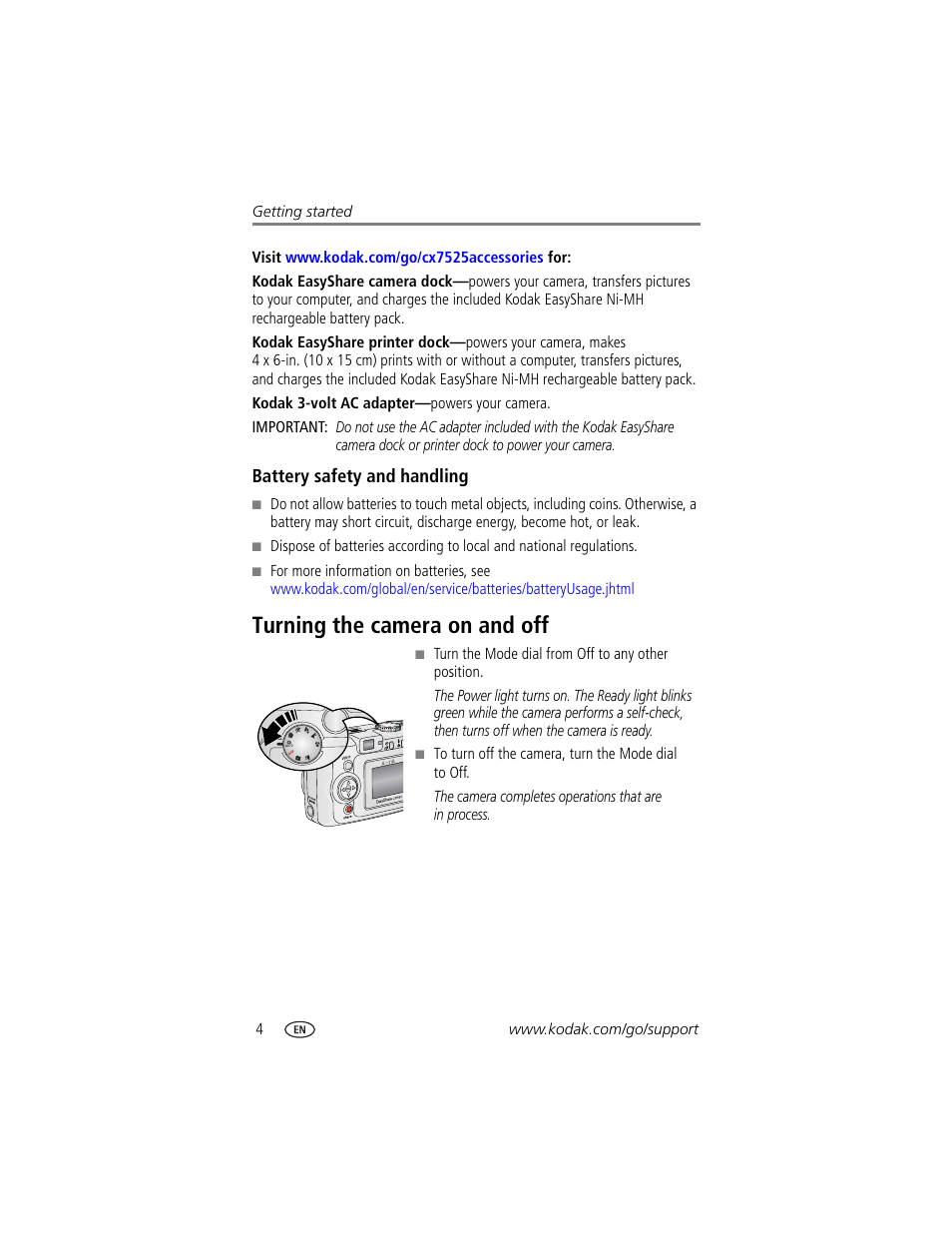 Battery safety and handling, Turning the camera on and off | Kodak CX7525 User Manual | Page 10 / 66