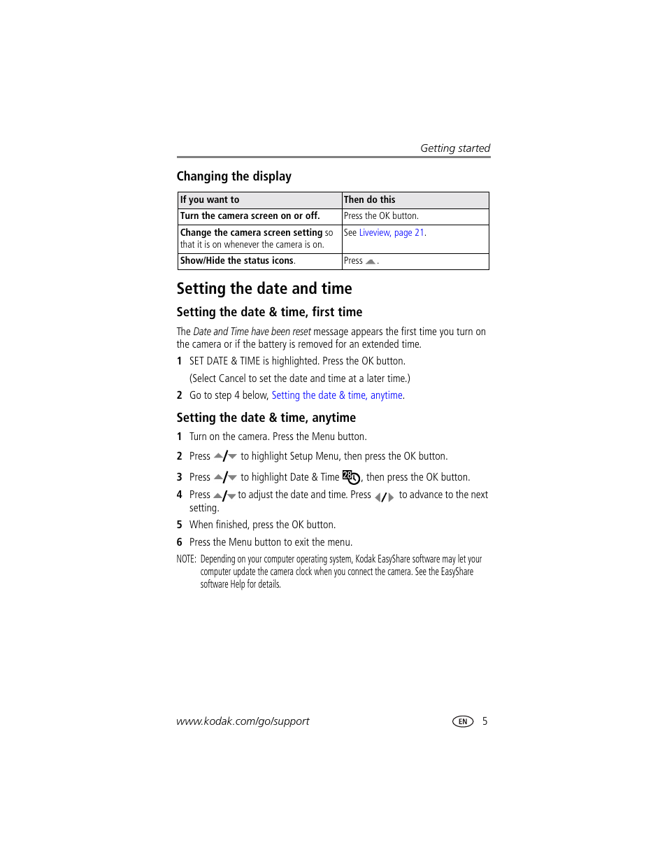 Changing the display, Setting the date and time, Setting the date & time, first time | Setting the date & time, anytime | Kodak CX7525 User Manual | Page 11 / 66