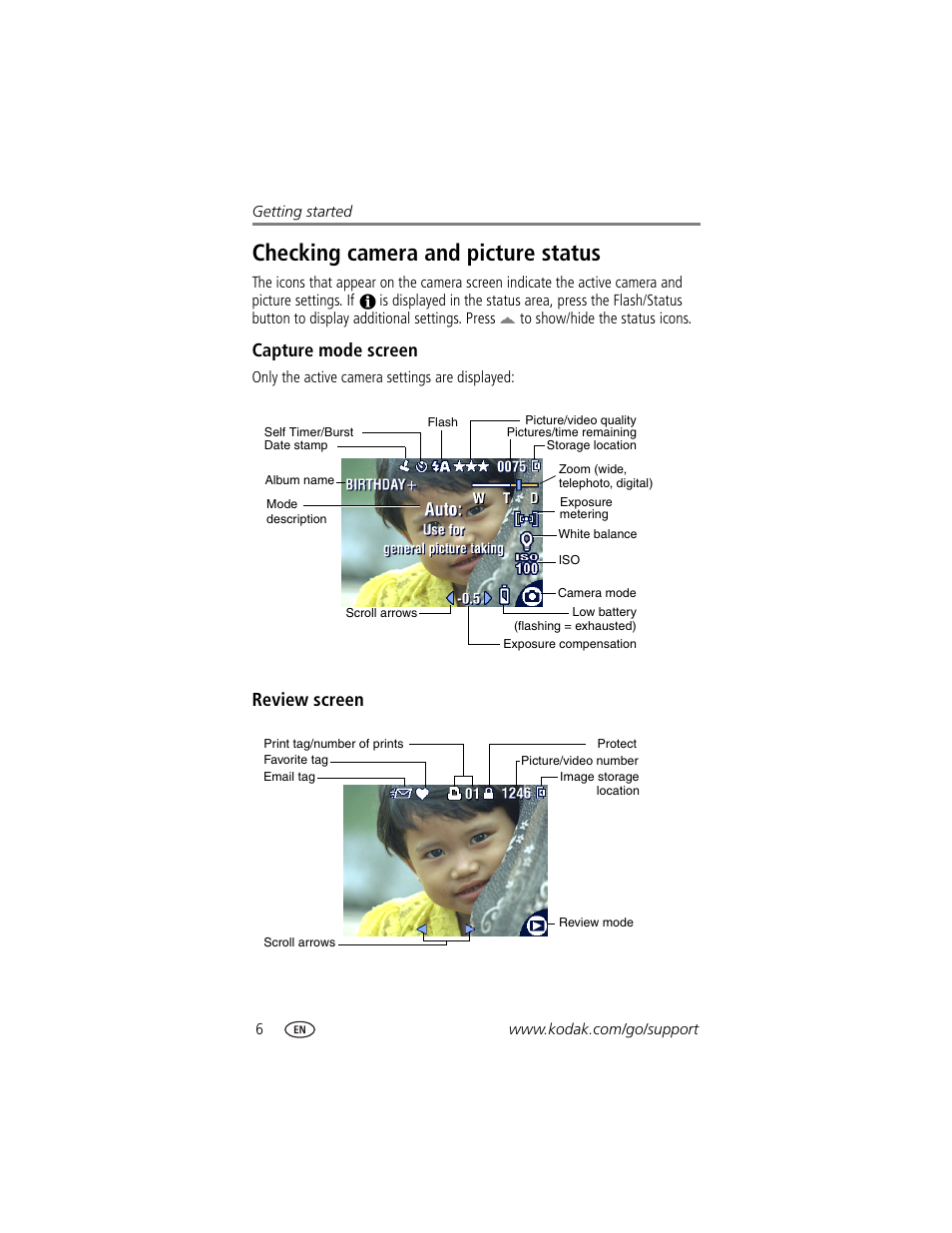 Checking camera and picture status, Capture mode screen, Review screen | Kodak CX7525 User Manual | Page 12 / 66