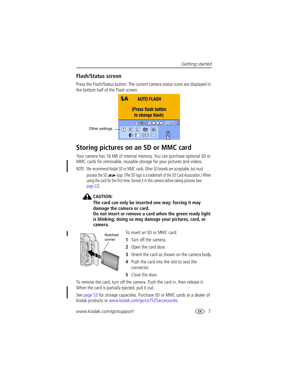 Flash/status screen, Storing pictures on an sd or mmc card | Kodak CX7525 User Manual | Page 13 / 66