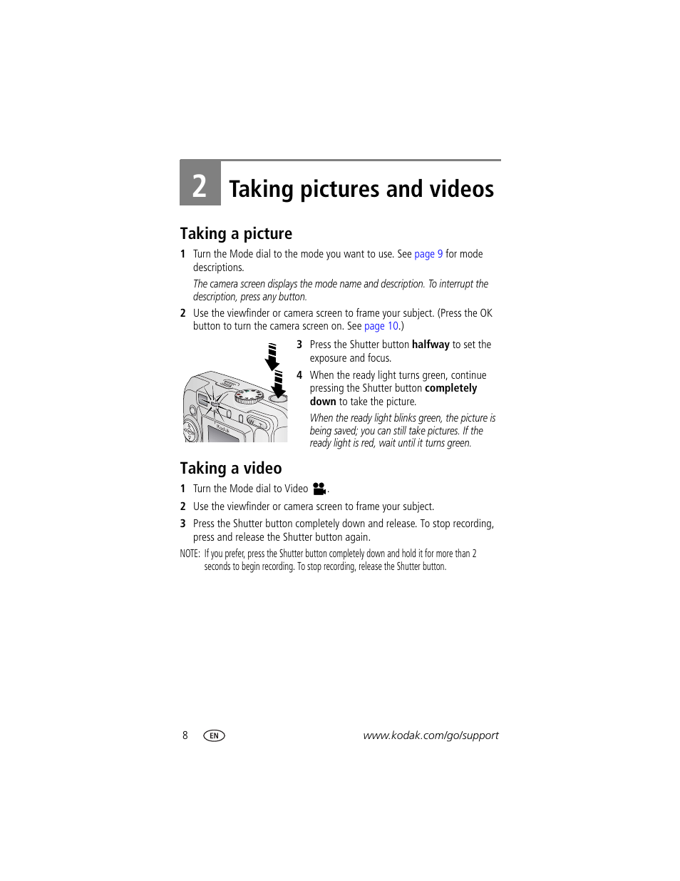Taking pictures and videos, Taking a picture, Taking a video | 2 taking pictures and videos, Taking a picture taking a video | Kodak CX7525 User Manual | Page 14 / 66