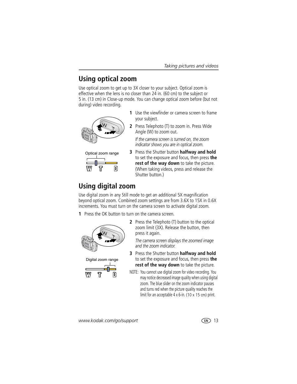 Using optical zoom, Using digital zoom, Using optical zoom using digital zoom | Kodak CX7525 User Manual | Page 19 / 66