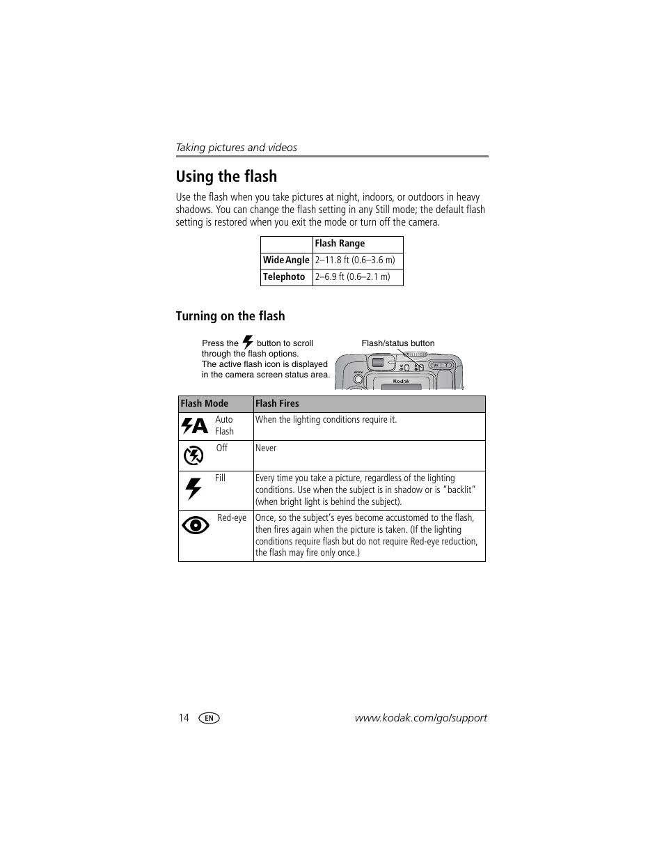 Using the flash, Turning on the flash | Kodak CX7525 User Manual | Page 20 / 66