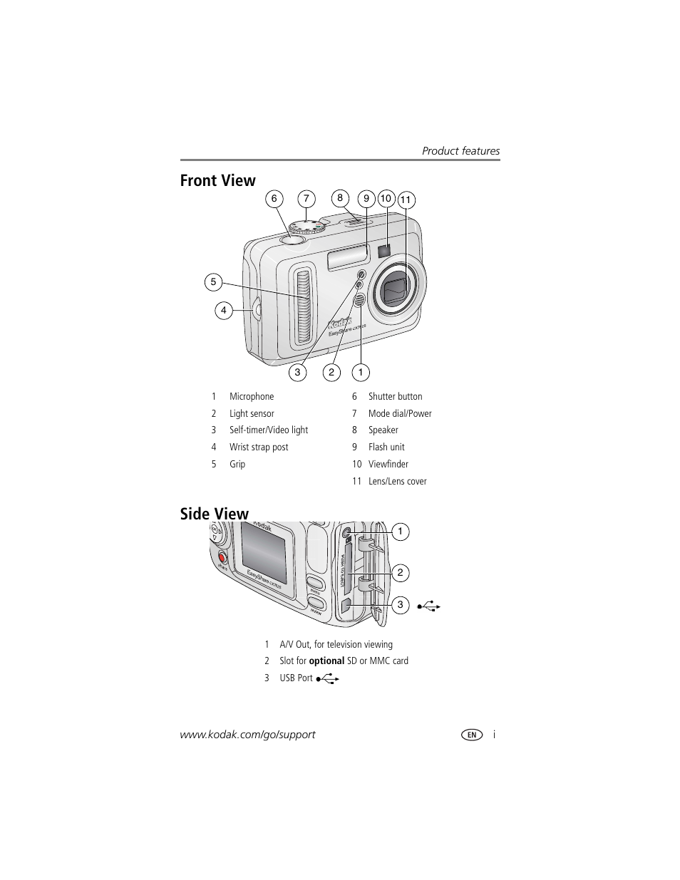 Product features, Front view side view | Kodak CX7525 User Manual | Page 3 / 66