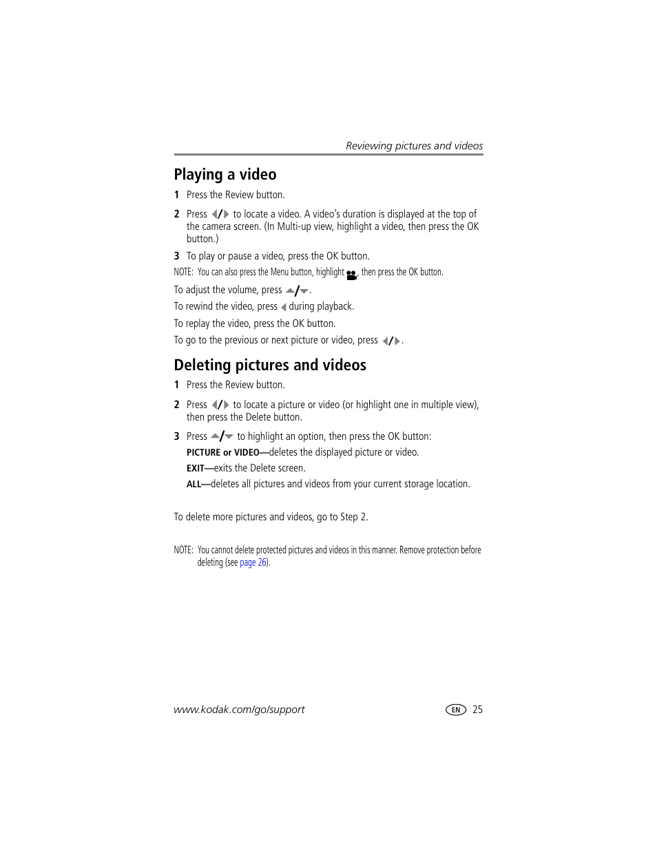 Playing a video, Deleting pictures and videos, Playing a video deleting pictures and videos | Kodak CX7525 User Manual | Page 31 / 66