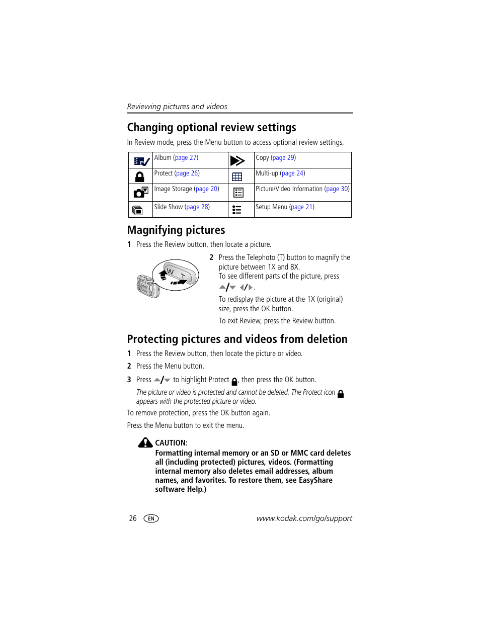 Changing optional review settings, Magnifying pictures, Protecting pictures and videos from deletion | Kodak CX7525 User Manual | Page 32 / 66
