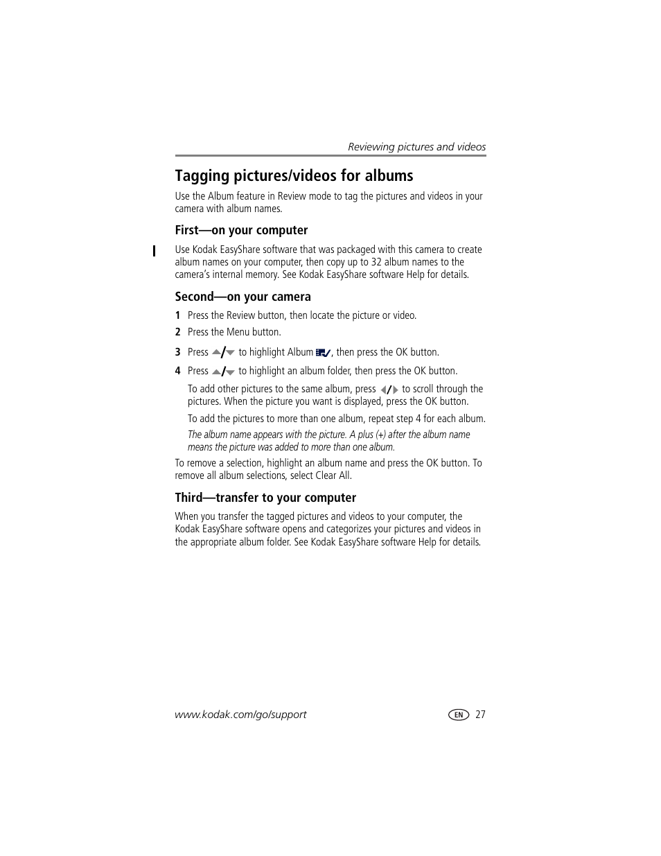 Tagging pictures/videos for albums, First-on your computer, Second-on your camera | Third-transfer to your computer | Kodak CX7525 User Manual | Page 33 / 66