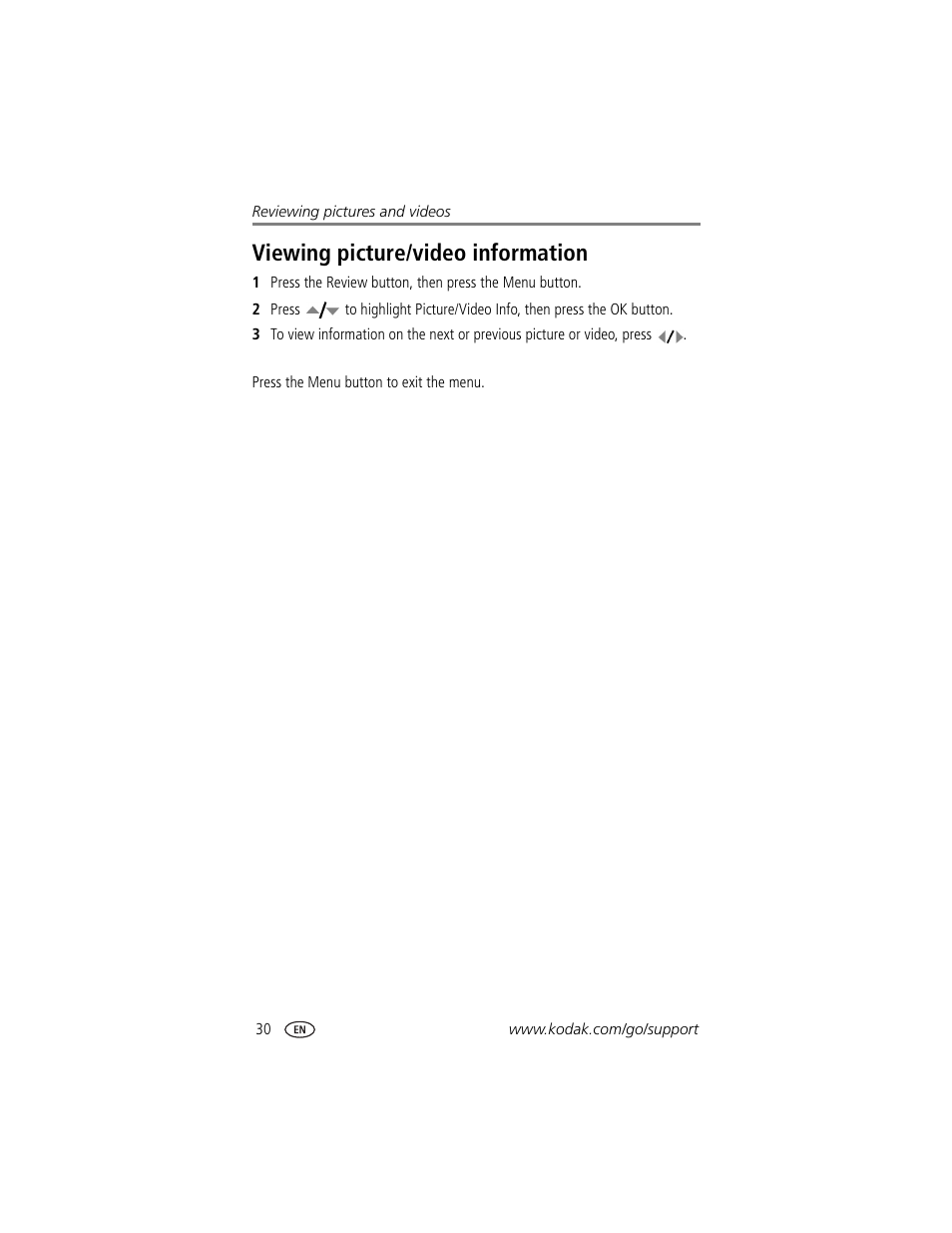 Viewing picture/video information | Kodak CX7525 User Manual | Page 36 / 66