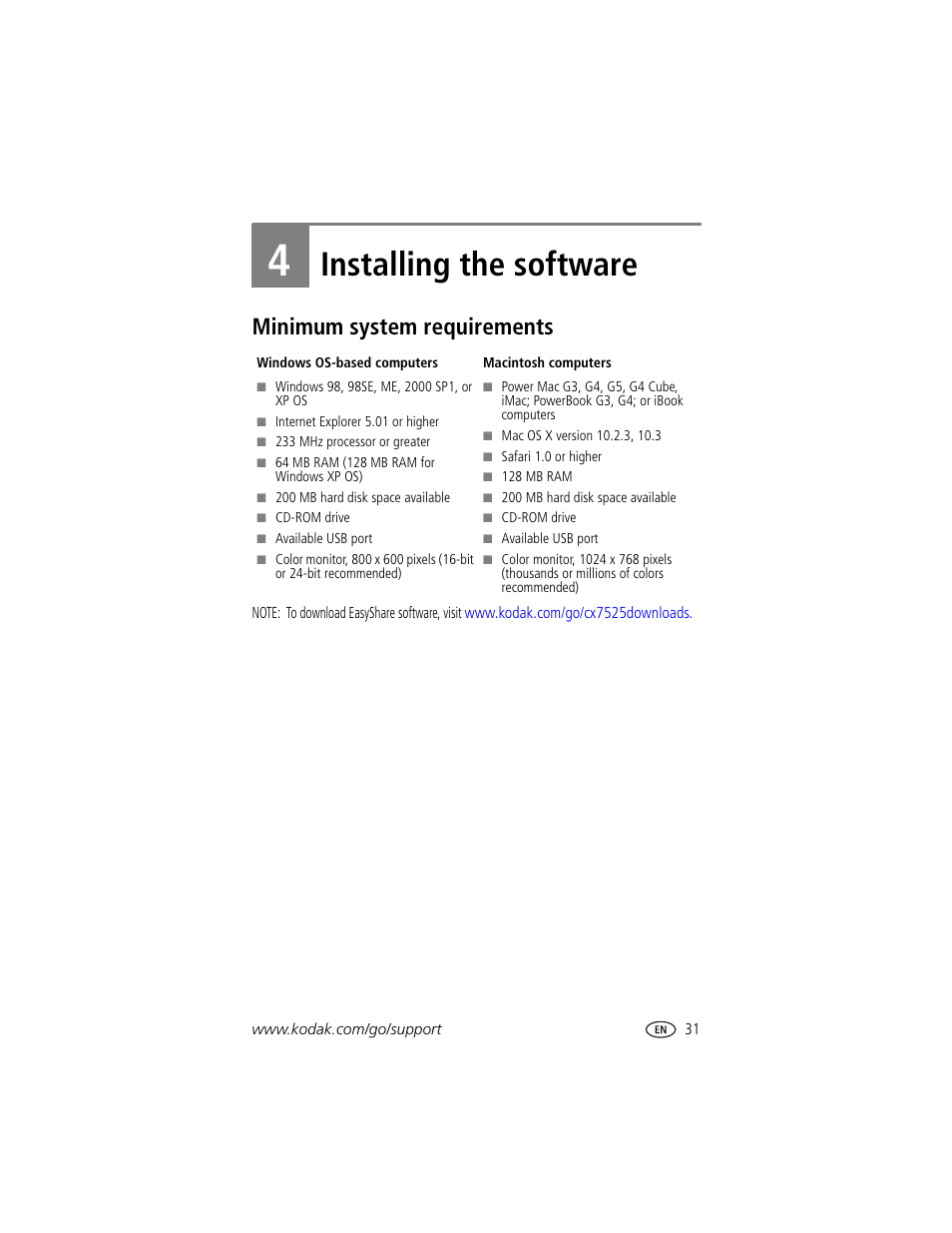 Installing the software, Minimum system requirements, 4 installing the software | Kodak CX7525 User Manual | Page 37 / 66