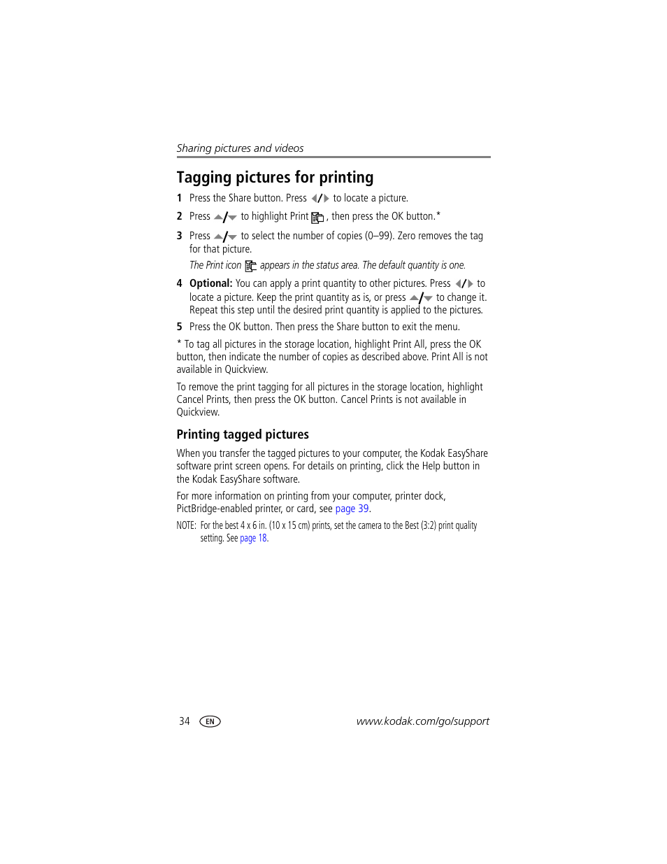Tagging pictures for printing, Printing tagged pictures | Kodak CX7525 User Manual | Page 40 / 66