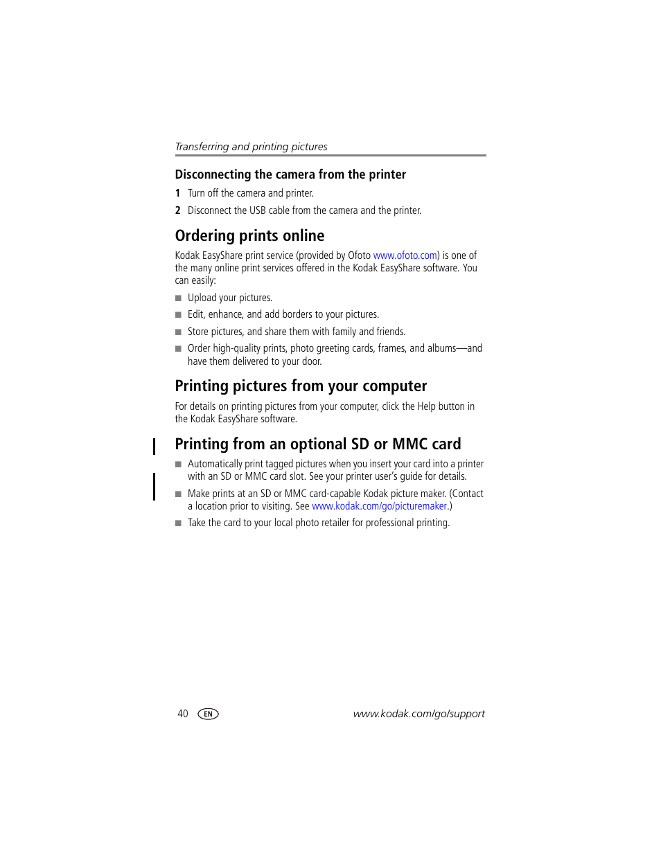 Disconnecting the camera from the printer, Ordering prints online, Printing pictures from your computer | Printing from an optional sd or mmc card | Kodak CX7525 User Manual | Page 46 / 66
