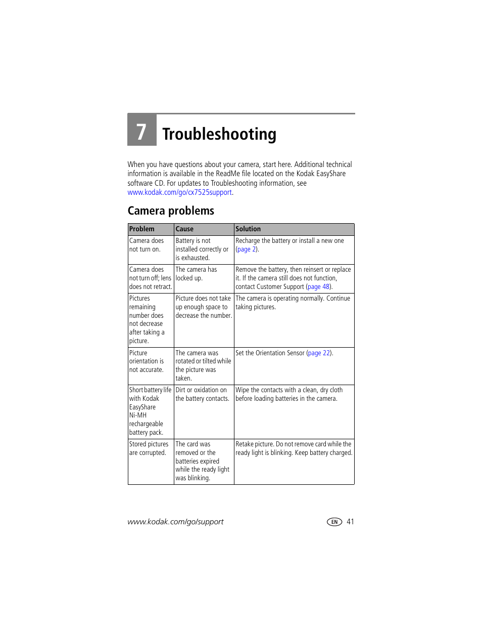 Troubleshooting, Camera problems, 7 troubleshooting | Kodak CX7525 User Manual | Page 47 / 66
