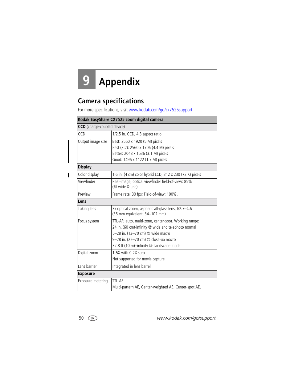 Appendix, Camera specifications, 9 appendix | Kodak CX7525 User Manual | Page 56 / 66
