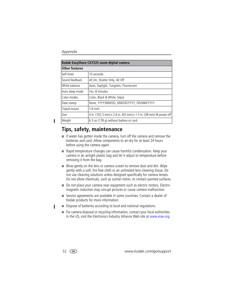 Tips, safety, maintenance, The lens | Kodak CX7525 User Manual | Page 58 / 66